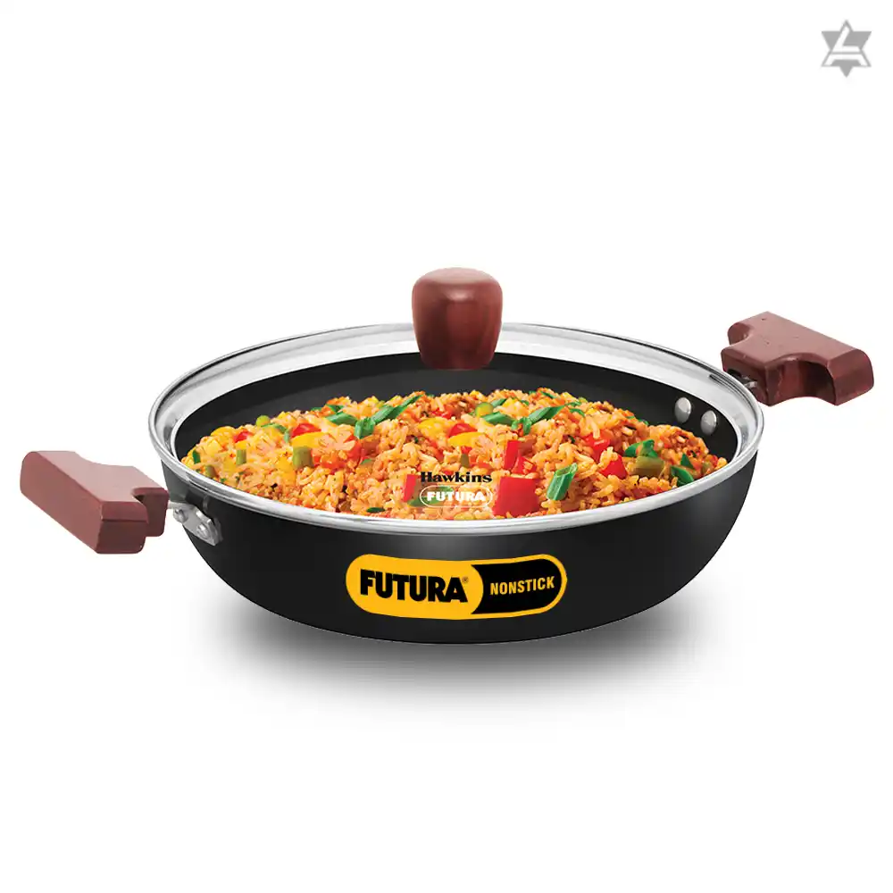 Hawkins Futura 2.5 Litre Shallow Kadhai, Nonstick Kadai with Glass Lid, Flat Bottom Induction Kadhai, Deep Fry Pan, Black (INSK25G)